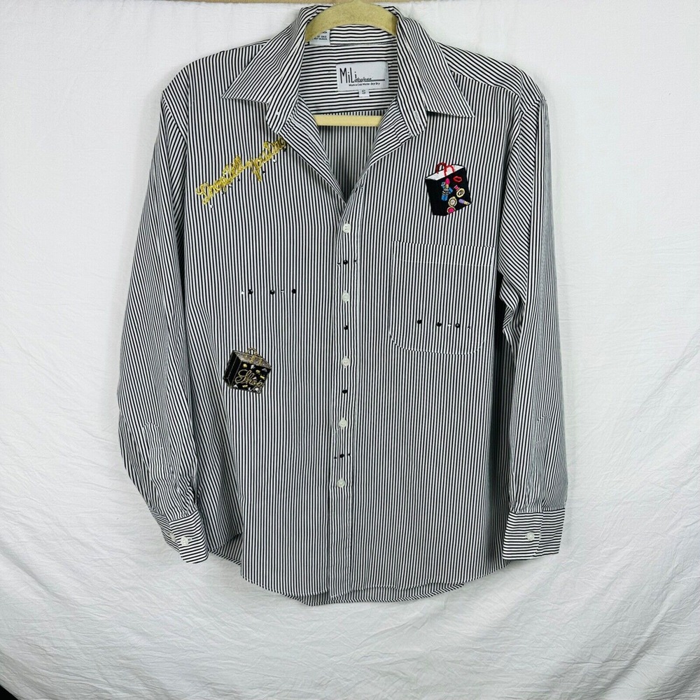 Mili Designs Small‎ Button Up Blouse Black And White Striped Embroidery Vintage